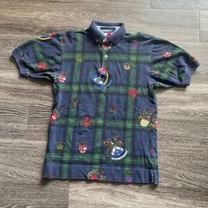 VTG 90s‎ Tommy Hilfiger Polo Shirt Youth Large Plaid Embroidered Crest Fleur De